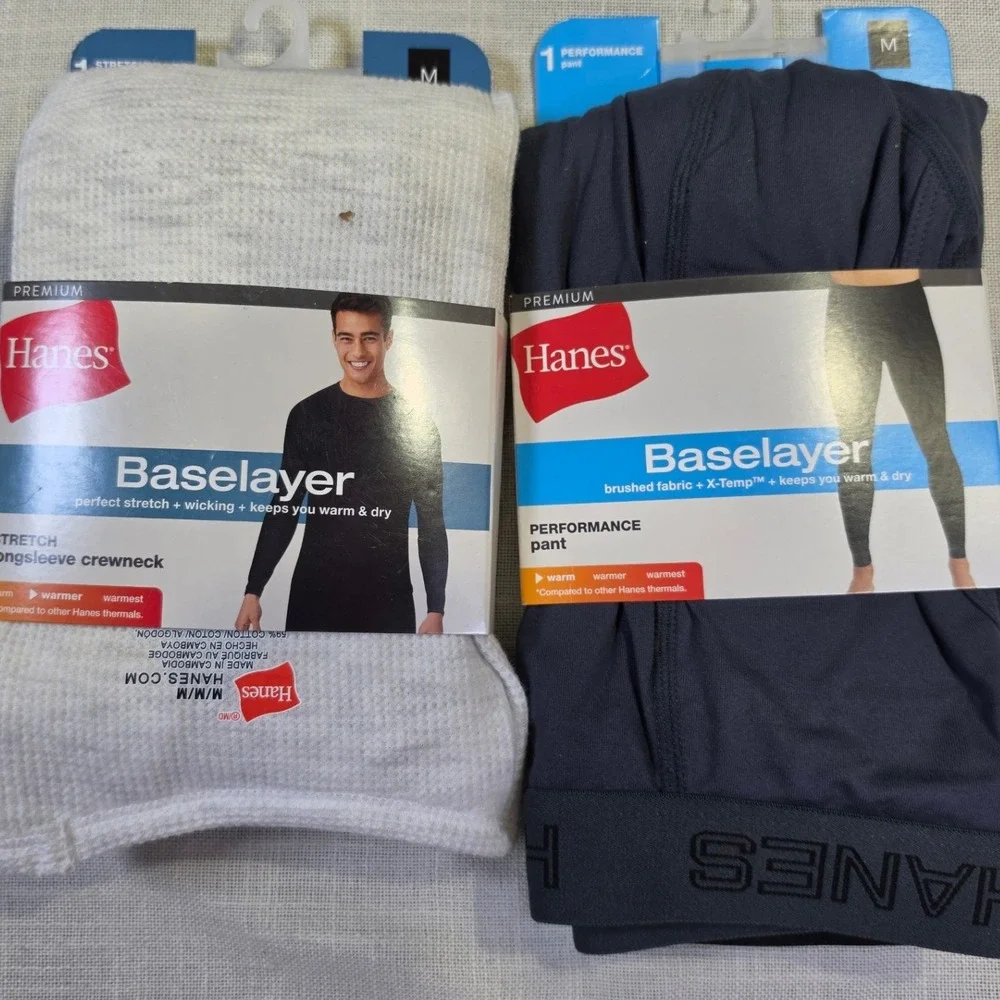 Hanes Premium Baselayer Set Mens Medium Grey Crewneck Top Black Performance Pant